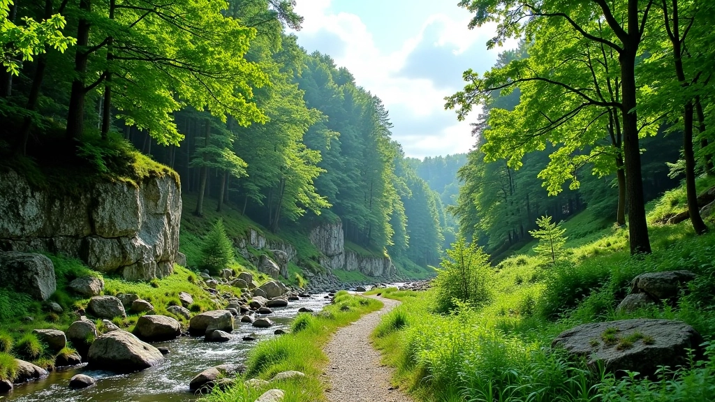 Přírodní krajina se zeleným lesem a skalami